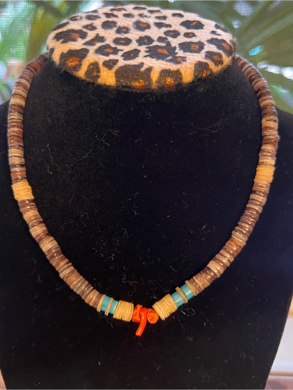 Handmade Brown Beaded Necklace with Turquoise & Coral Accent